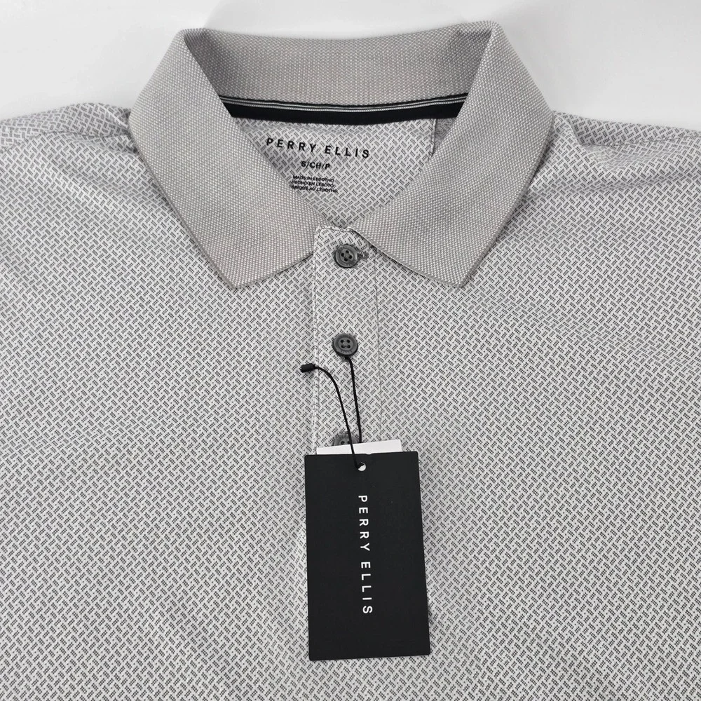 Perry Ellis Polo Shirt Mens Small Grey Geometric Microprint Short Sleeve NWT